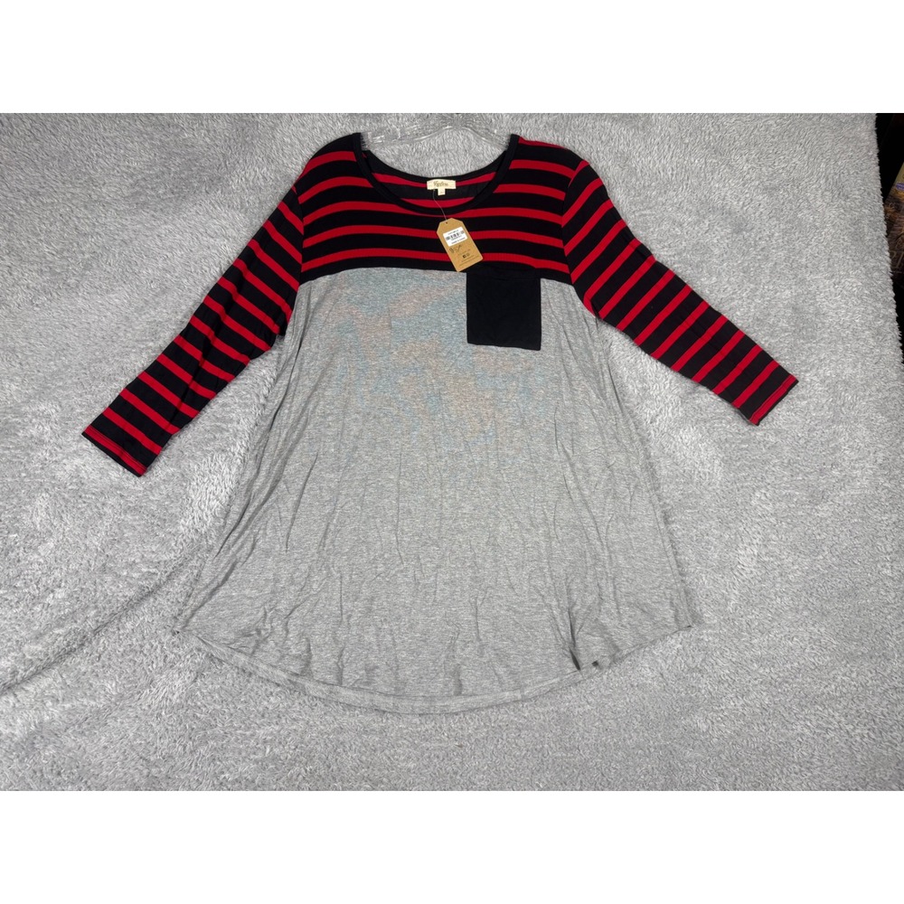 Fanfare Tunic Top Women Large Grey Red Black NEW Striped Colorblock 3/4 Sleeve